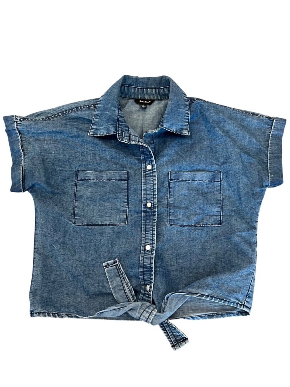 Sim & Sam Blue Denim Shirt Tie-Front Women's Size M Cropped Button Up Top